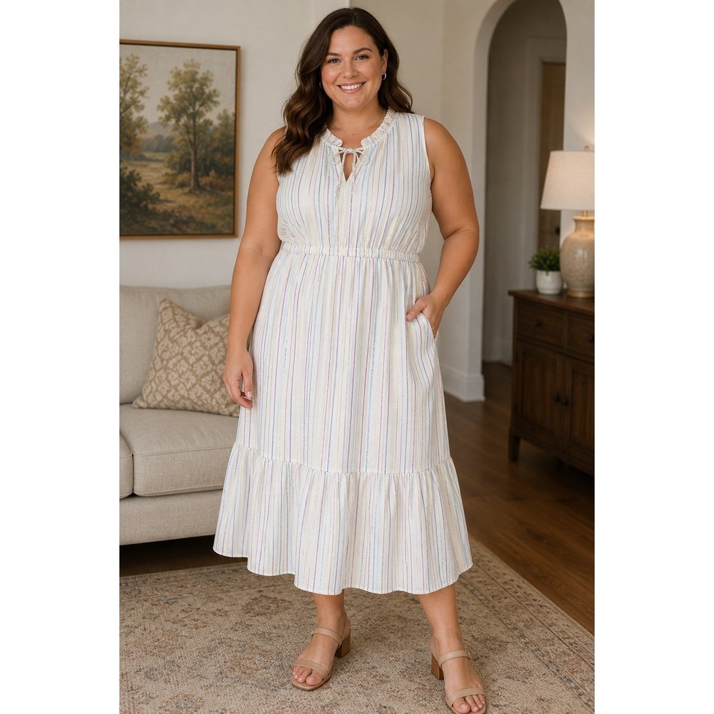 J.Crew Midi Dress Womens 14 White Metallic Striped Ruffle Cottagecore Pockets